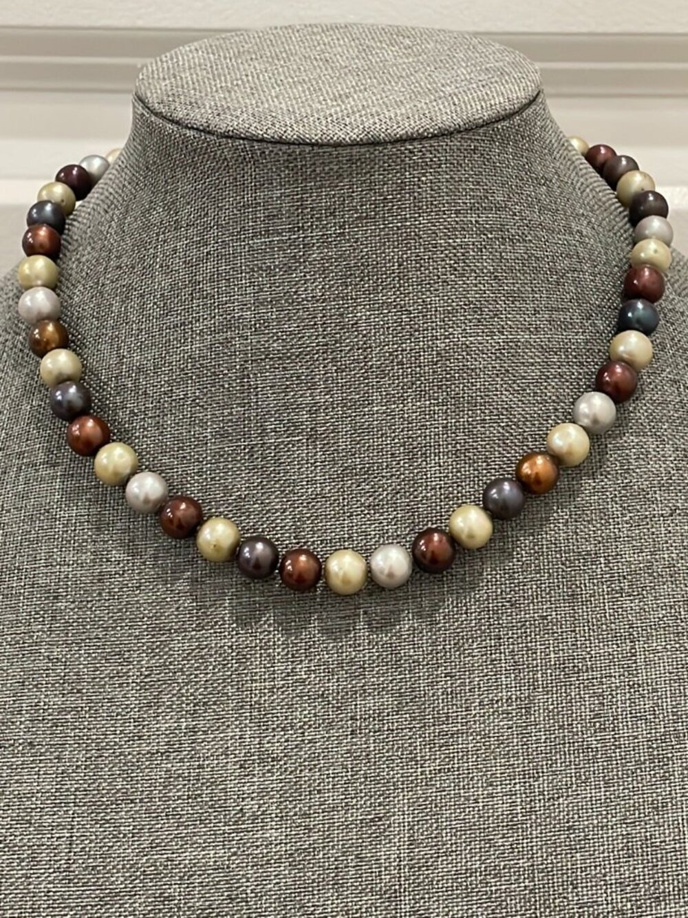 Faux Brown, Silver, Light Gold, and Dark Gray/Blue  Pearl Necklace
